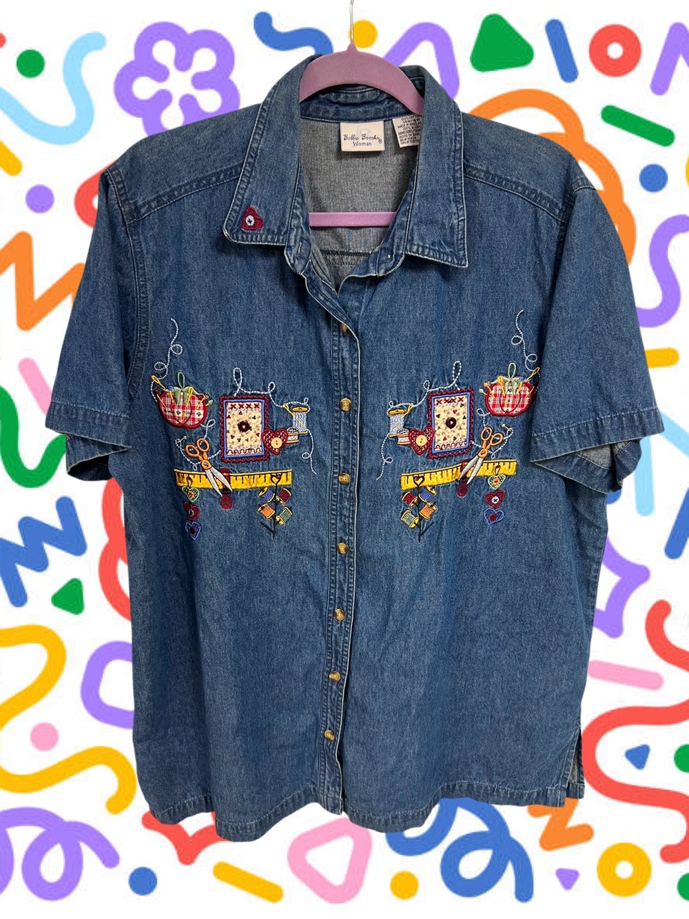 Vtg Bobbie Brooks embroidered cozy crafter denim button up